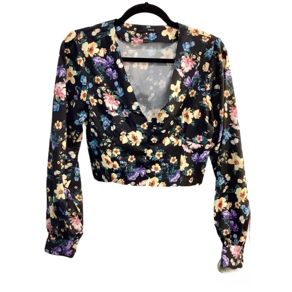 Aqua V-Neck Floral Black Pink Yellow Blue Crop Blouse Size Small